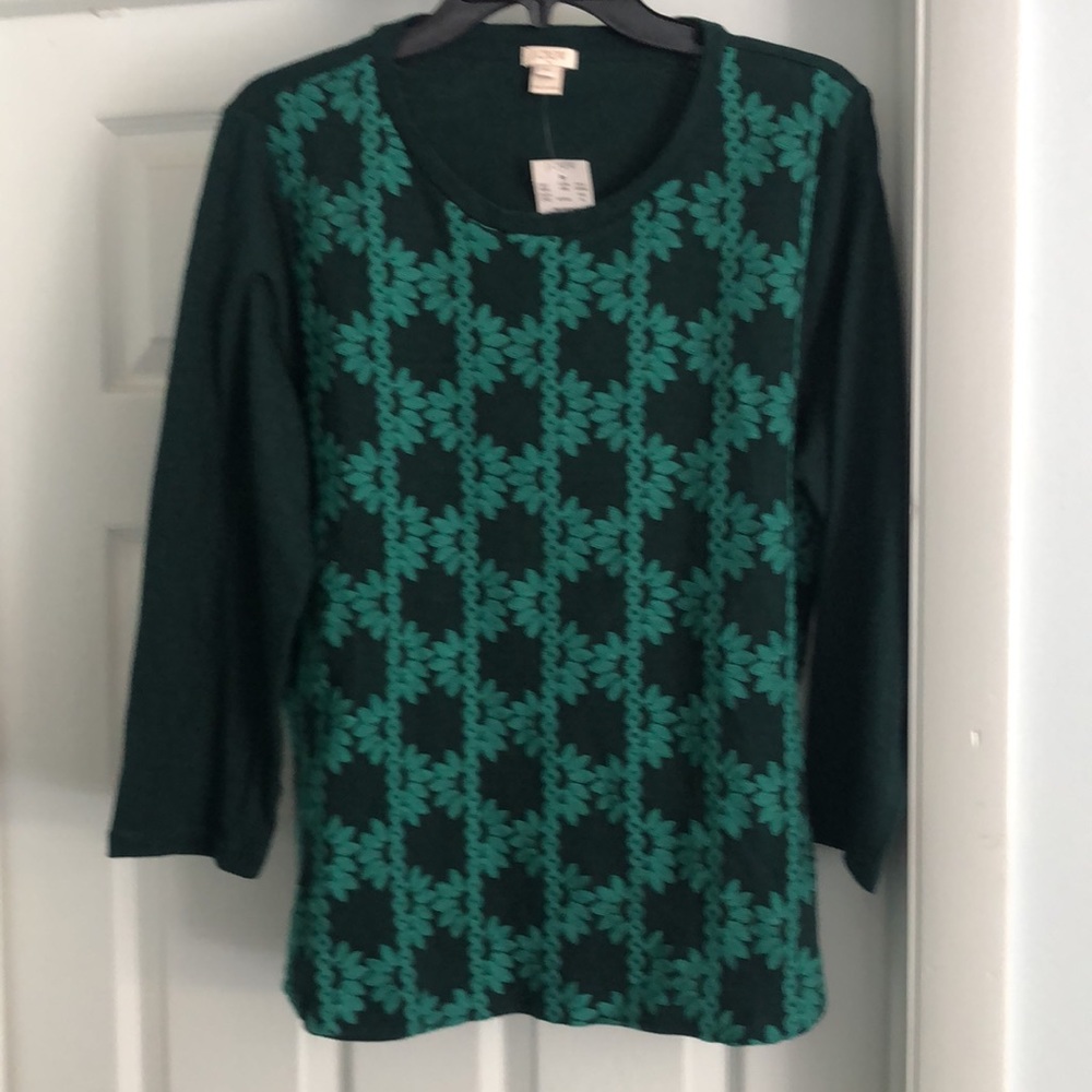 NWT J. Crew forest green cotton embroidered top Size XL